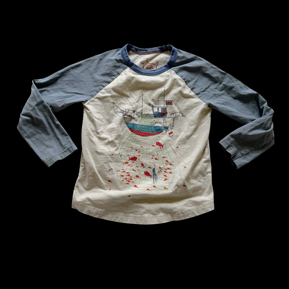 Mini Boden Boys Fishing Boat Raglan T-Shirt Blue Cream Long Sleeve Graphic Tee